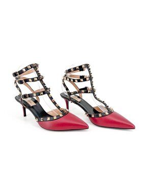Valentino Garavani Rockstud Caged Pumps Heels Red Black Leather Size 39.5 US 9.5